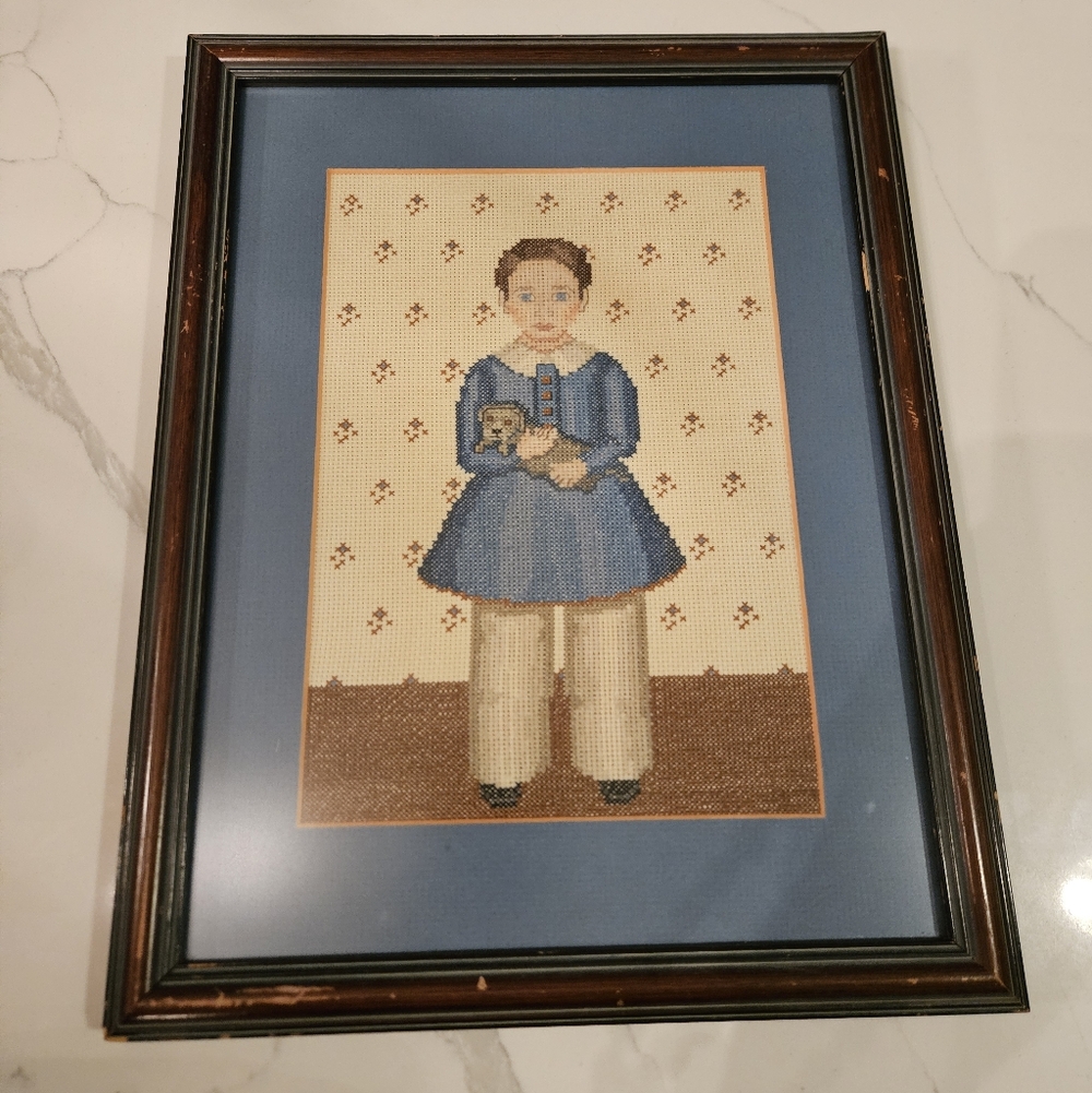 Vintage 30s Cross Stitch Completed Embroidered Completed Country Girl Primitive